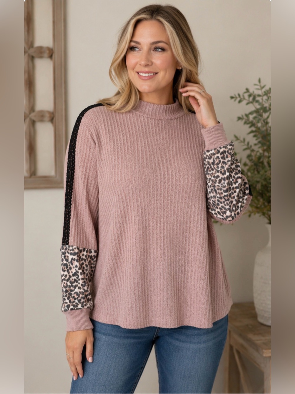 Maurices XL Mauve Waffle Knit Leopard Sleeve Mock Neck Tunic Sweater